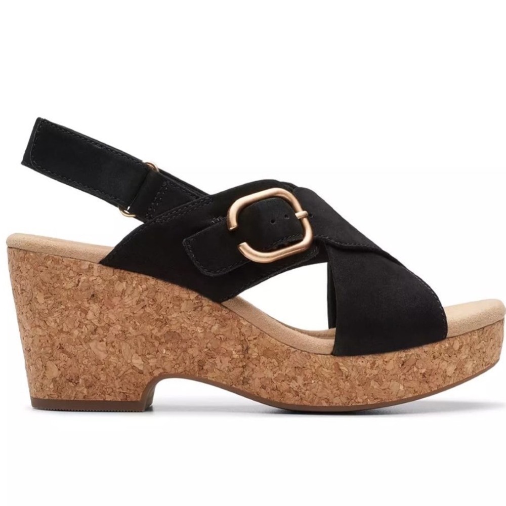 Clarks Collection Giselle Dove Black Suede Cork Wedge Sandals Women's Size 8